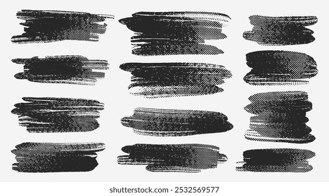 Conjunto de pintura, trazo de pincel de semitono de tinta, pincel de Vector, línea en negrita. Colección del elemento de diseño artístico sucio grunge, caja, marco o fondo para texto. Textura de trazo de pincel de semitono de Vector de Plantilla.