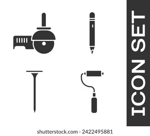 Set Paint roller brush, Angle grinder, Metallic nail and Pencil with eraser icon. Vector
