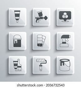 Set Paint roller brush, bucket, spray gun, Color palette guide, Tube with paint and,  and RGB CMYK color mixing icon. Vector