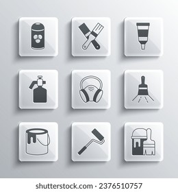 Set Paint roller brush, bucket with, Gas mask, spray gun, can and Tube paint palette icon. Vector