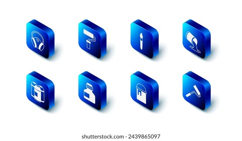 Set Paint roller brush, bucket, Paint, gouache, jar, dye, spray can and Gas mask icon. Vector