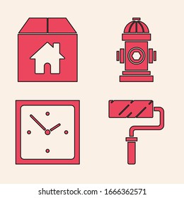 Set Paint roller brush, Cardboard box with house, Fire hydrant and Clock icon. Vector