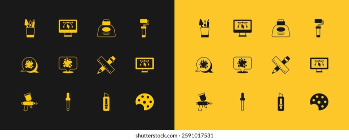 Set Paint roller brush, Eyedropper color picker palette, Crossed ruler and pencil, Stationery knife, spray, Inkwell, Pencil case stationery and Computer with design program icon. Vector