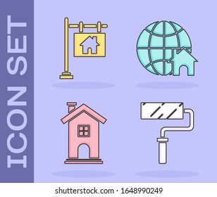 Set Paint roller brush, Hanging sign with text Sale, Home symbol and Globe with house symbol icon. Vector