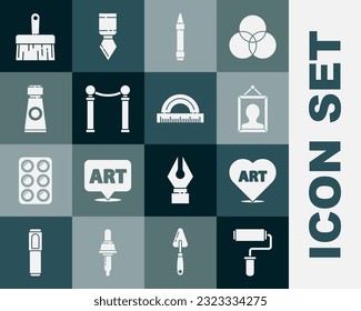 Set Paint roller brush, Heart with text art, Picture, Wax crayons for drawing, Exhibition of paintings, Tube palette,  and Protractor icon. Vector