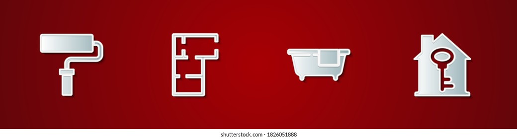 Set Paint roller brush, House plan, Bathtub and with key icon. Vector.