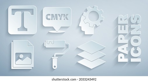Set Paint roller brush, Human head with gear inside, Picture landscape, Layers, Speech bubble text CMYK and Text icon. Vector