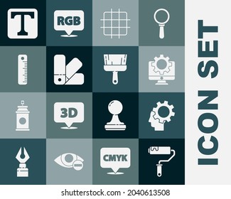 Establecer pincel de rodillos de pintura, cabeza humana con engranaje dentro, monitor de ordenador y, papel de gráfico de cuadrícula, guía de paleta de color, regla, texto e icono. Vector
