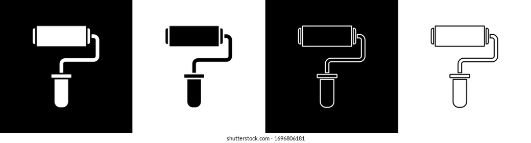Set Paint roller brush icon isolated on black and white background.  Vector Illustration