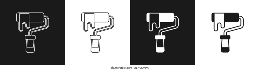 Set Paint roller brush icon isolated on black and white background.  Vector