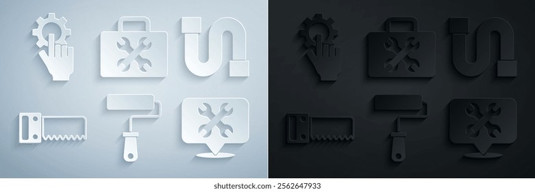 Set Paint roller brush, Industry pipe, Hand saw, Location with wrench, Toolbox and Settings the hand icon. Vector