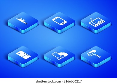 Set Paint roller brush, Knife, Vacuum cleaner, Refrigerator, Mobile phone and Picture icon. Vector