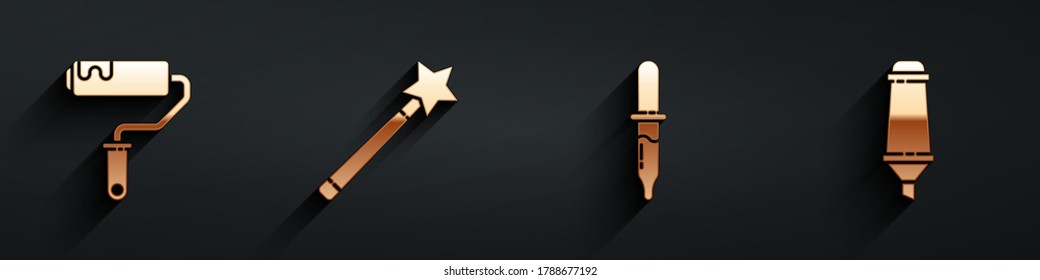 Set Paint roller brush, Magic wand, Pipette and Marker pen icon with long shadow. Vector