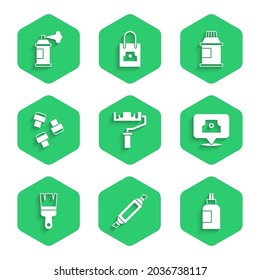 Set Paint roller brush, Marker pen, Paint, gouache, jar, dye, Spray can nozzle cap, attachment,  and spray icon. Vector