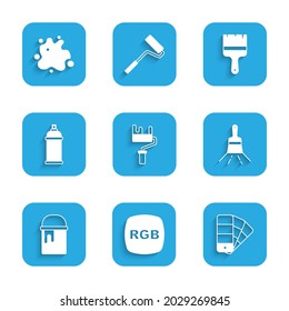Set Paint roller brush, RGB, Color palette guide, bucket, spray can,  and  icon. Vector