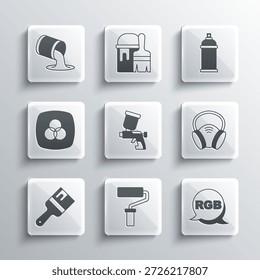 Set Paint roller brush, RGB, Gas mask, spray gun, and CMYK color mixing, bucket and can icon. Vector