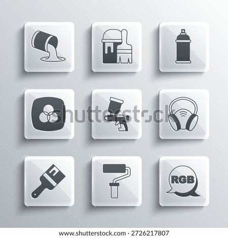 Set Paint roller brush, RGB, Gas mask, spray gun, and CMYK color mixing, bucket and can icon. Vector