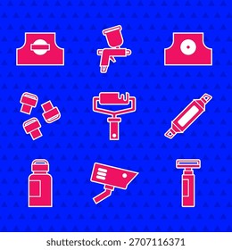 Set Pincel de rodillo de pintura, cámara de seguridad, rotulador, pintura, gouache, tarro, tinte, accesorio, tapa de boquilla de spray e icono. Vector