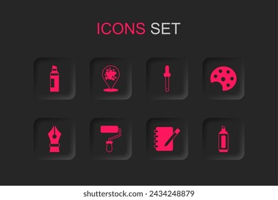 Set Pincel de rodillos de pintura, spray, rotulador, cuaderno, paleta, paleta de selección de color de cuentagotas e icono de plumilla de fuente. Vector