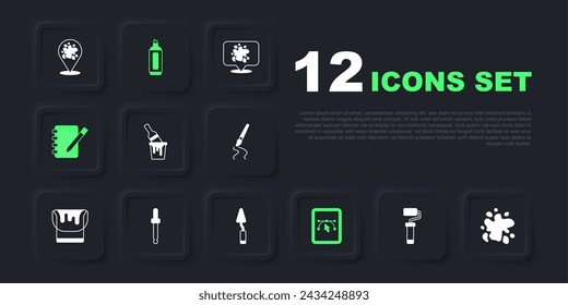 Set Paint roller brush, spray, bucket with, Computer design program, Notebook, Eyedropper color picker palette, Marker pen and Palette knife icon. Vector
