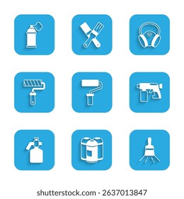 Set Paint roller brush, spray can, gun, Gas mask and  icon. Vector