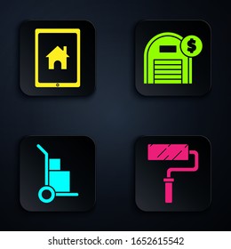 Set Paint roller brush, Tablet and smart home, Hand truck and boxes and Warehouse with dollar symbol. Black square button. Vector