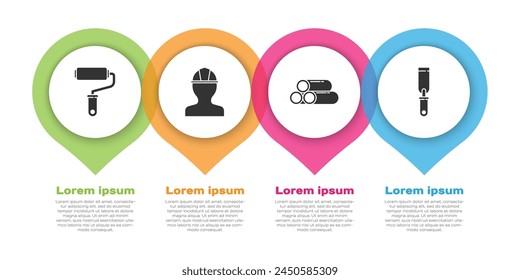 Set Paint roller brush, Worker safety helmet, Industry metallic pipe and Rasp metal file. Business infographic template. Vector