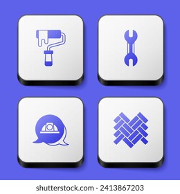 Set Paint roller brush, Wrench spanner, Worker safety helmet and Parquet icon. White square button. Vector