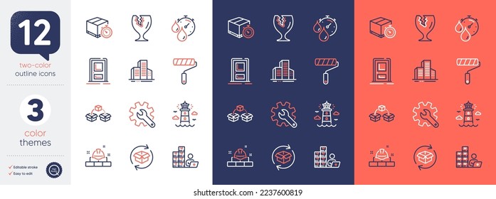 Set of Paint roller, Buildings and Timer line icons. Include Delivery timer, Customisation, Lighthouse icons. Return parcel, Fragile package, Parcel shipping web elements. Bicolor outline icon. Vector