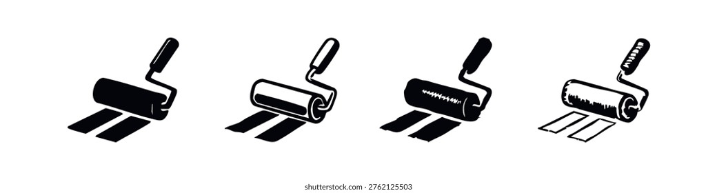 Set of paint roller icons with paint strokes in various hand-drawn styles, black and white illustration.