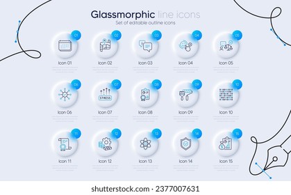 Set of Paint roller, Survey check and Binary code line icons for web app. Info, Money, Certificate icons. Calendar, Inspect, Stress grows signs. Report, Lawyer, Map. Approved shield. Vector