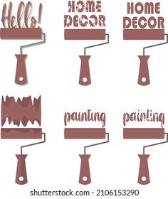 Set of paint roller and typography icons drawing in flat style silhouette