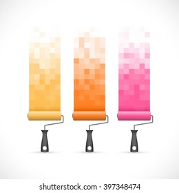 Set of paint rollers icons with abstract pixelated paint strokes.