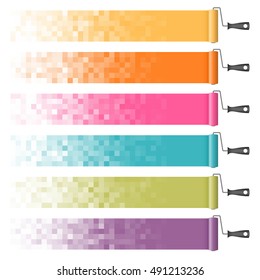 Set of paint rollers icons with abstract pixelated paint strokes.