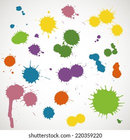 Set of paint splash and brush strokes (blobs, spots, splats, blotches). Colorful watercolor splashes isolated on white background. Vector illustration. 