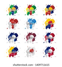 Set of paint splatters and spills in different countries flags colors with a soccer ball opacity and the name of each country in spanish.  Football Championship. Brazilian Soccer cup.