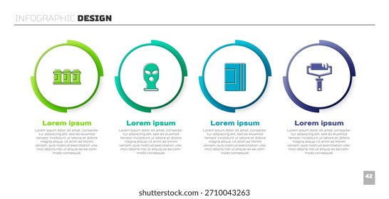 Set Lata de pintura, pasamontañas, cuaderno espiral y cepillo de rodillos. Plantilla de infografía de negocios. Vector