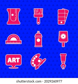 Set Paint spray can, brush with palette, Fountain pen nib, Spray nozzle cap, Speech bubble text art, Protractor, Palette and Pencil sharpener icon. Vector