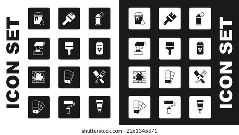 Set Paint spray can, brush, gun, bucket,  and Painting the house icon. Vector