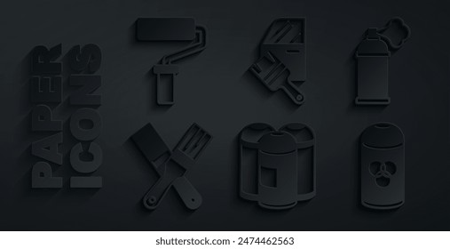 Set Paint spray can, brush, Car painting and roller icon. Vector