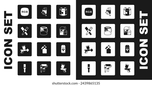 Conjunto de lata de pintura, cubo, pincel, RGB, con, pintura de coche, y el icono de pistola. Vector