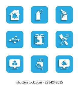 Set Paint spray can, Car painting, brush, RGB and CMYK color mixing, gun, bucket with and Painting the house icon. Vector