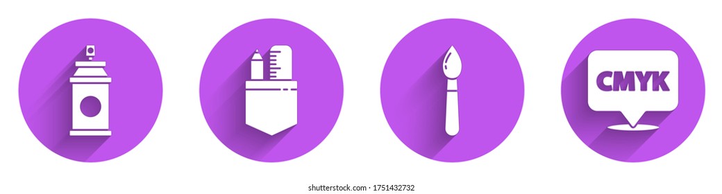 Set Paint spray can, Crossed ruler and pencil, Paint brush and Speech bubble with text CMYK icon with long shadow. Vector