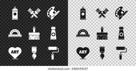 Set Paint spray can, Crossed paint brush, with palette, Heart text art, Palette knife, roller, Protractor and  icon. Vector