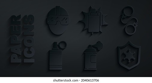 Set Paint Spray Dose, Handschellen, Granate, Polizei-Badge und Special Force Soldaten Symbol. Vektorgrafik