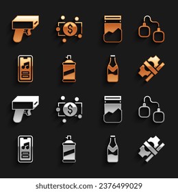 Set Paint spray lata, Esposas, Pilas de papel dinero en efectivo, botella de cerveza, reproductor de música, bolsa de plástico de droga, pistola de dinero e ícono. Vector