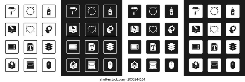 Set Paint spray can, Heart with Bezier curve, Computer monitor and cursor, roller brush, Human head gear inside, Circle, Layers and Graphic tablet icon. Vector