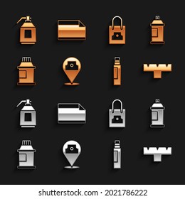 Set Paint spray can, Marker pen attachment, Paint, gouache, jar, dye, Spray nozzle cap, gun and Paper adhesive sticker icon. Vector
