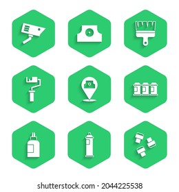 Set Paint spray can, Marker pen attachment, Paint, gouache, jar, dye, roller brush,  and Security camera icon. Vector