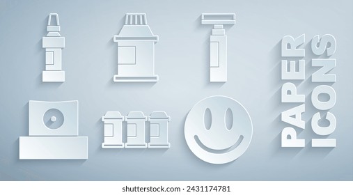 Set Paint spray can, Marker pen, Spray nozzle cap, Smile face, Paint, gouache, jar, dye and  icon. Vector